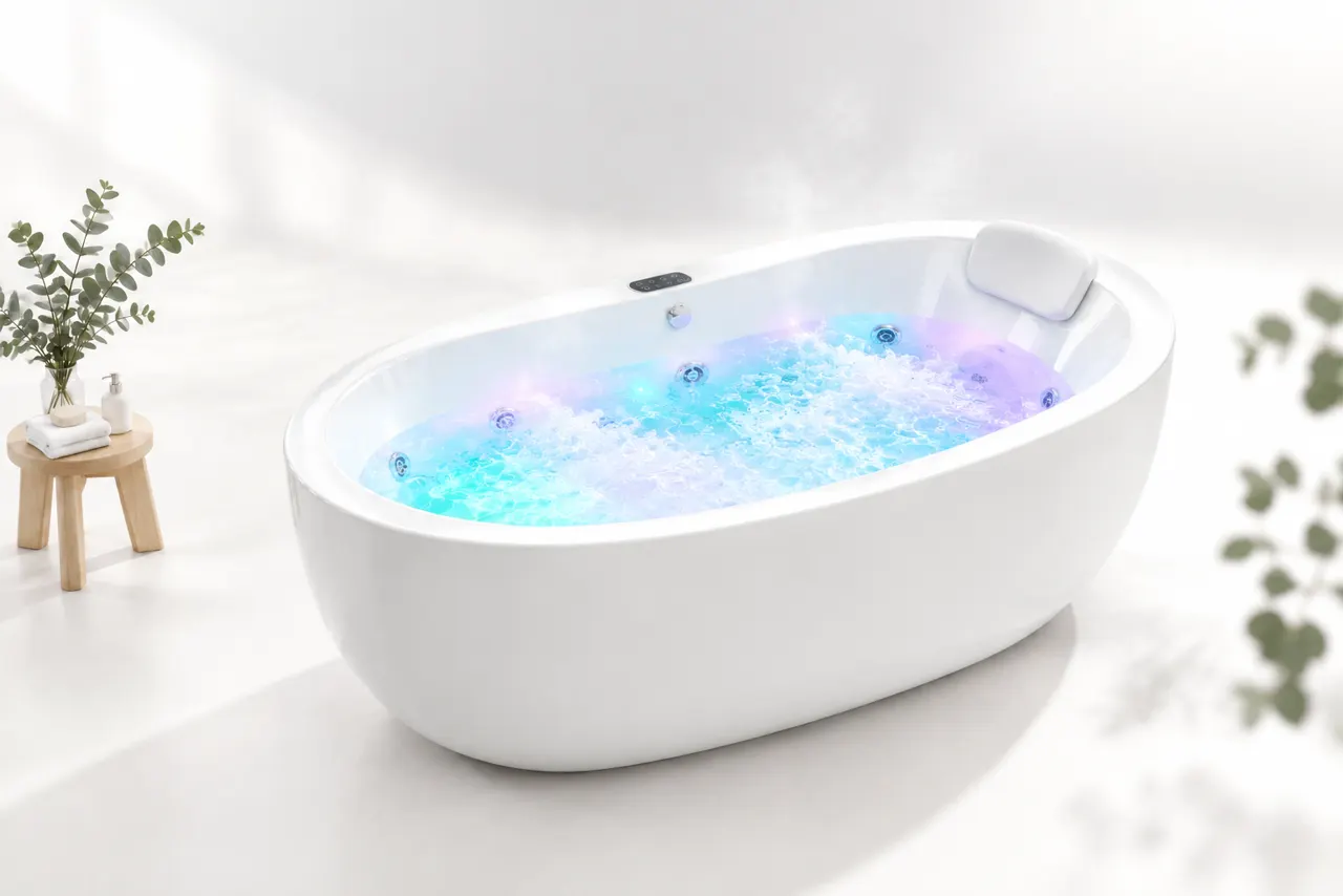 Baignoire balnéo avec chromothérapie allumée